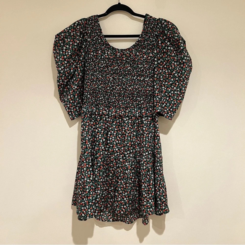 Sea New York Liberty Black Strawberry Print Tie Back Puff Sleeve Mini Dress L - Picture 2 of 9